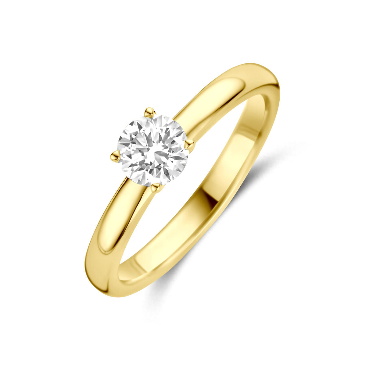 Gouden damesring van 14k geelgoud met een ronde lab grown diamant in een vier-pootzetting.