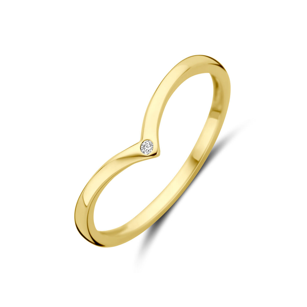 Ring van 14K geelgoud met een enkele zirkonia, met een minimalistisch en modern ontwerp.