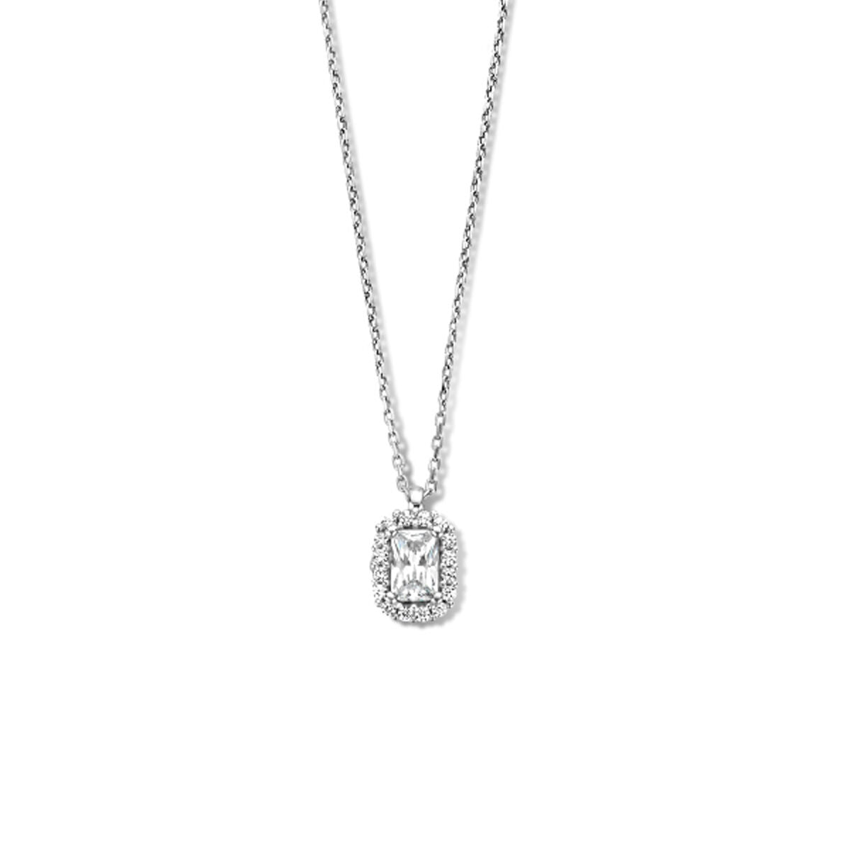 Zilveren gerhodineerd collier met een halo van zirkonia en een rechthoekige hanger.