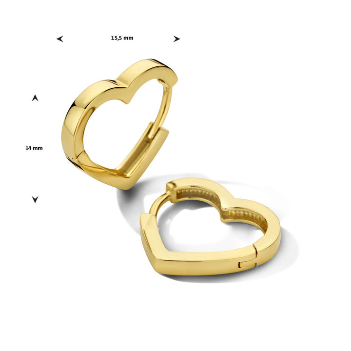 De Van der Kooij Collectie klapoorringen hart 14K geelgoud zijn dames sieraden in een hartvorm, 15,5 mm breed en 14 mm hoog, met een gepolijste afwerking en scharniersluiting, afgebeeld op een witte achtergrond.