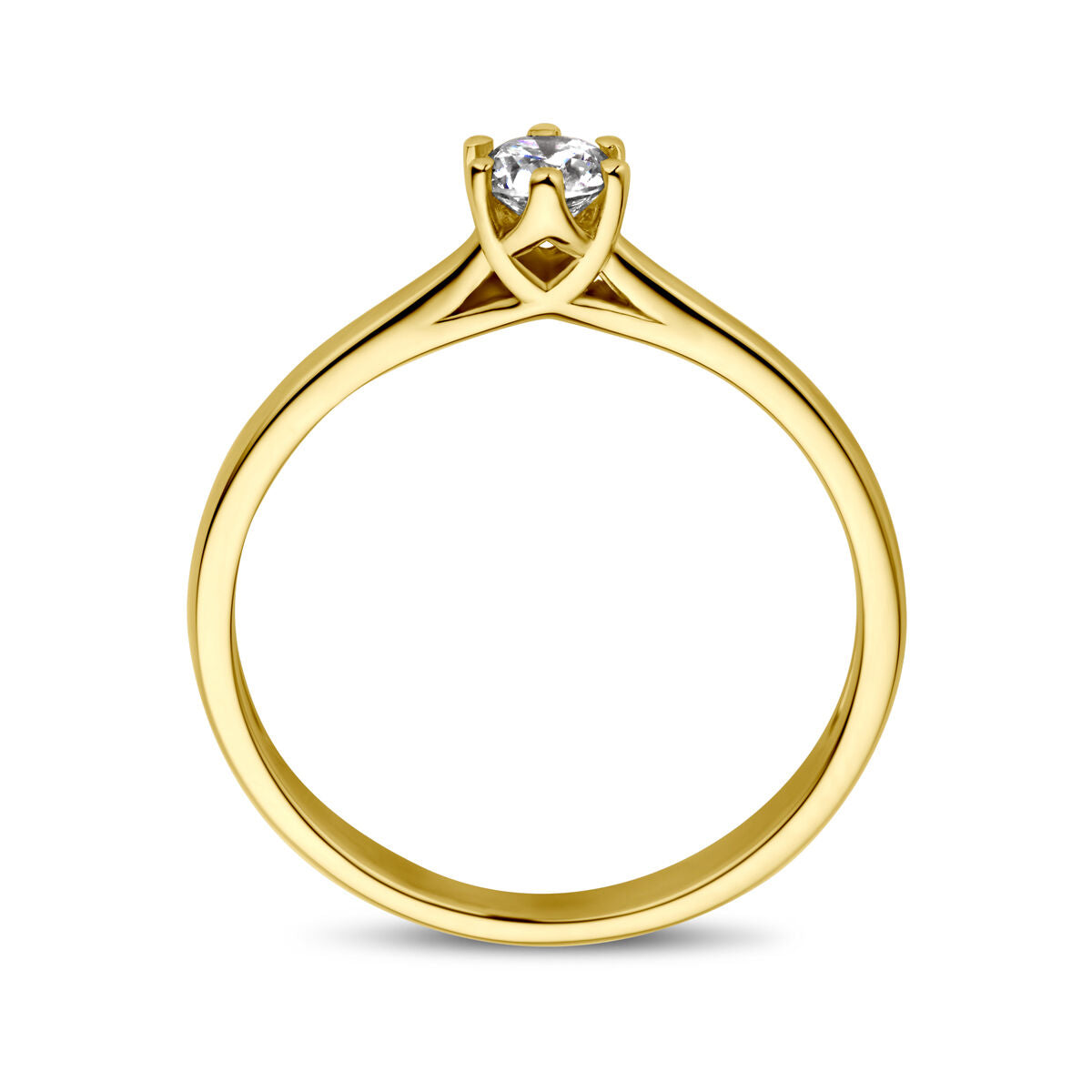 De Van der Kooij Collectie aanzoeksring diamant 0.20ct H SI in 14K geelgoud, met een ronde diamant in een verhoogde vierpoots zetting, is perfect voor je speciale trouwdag.