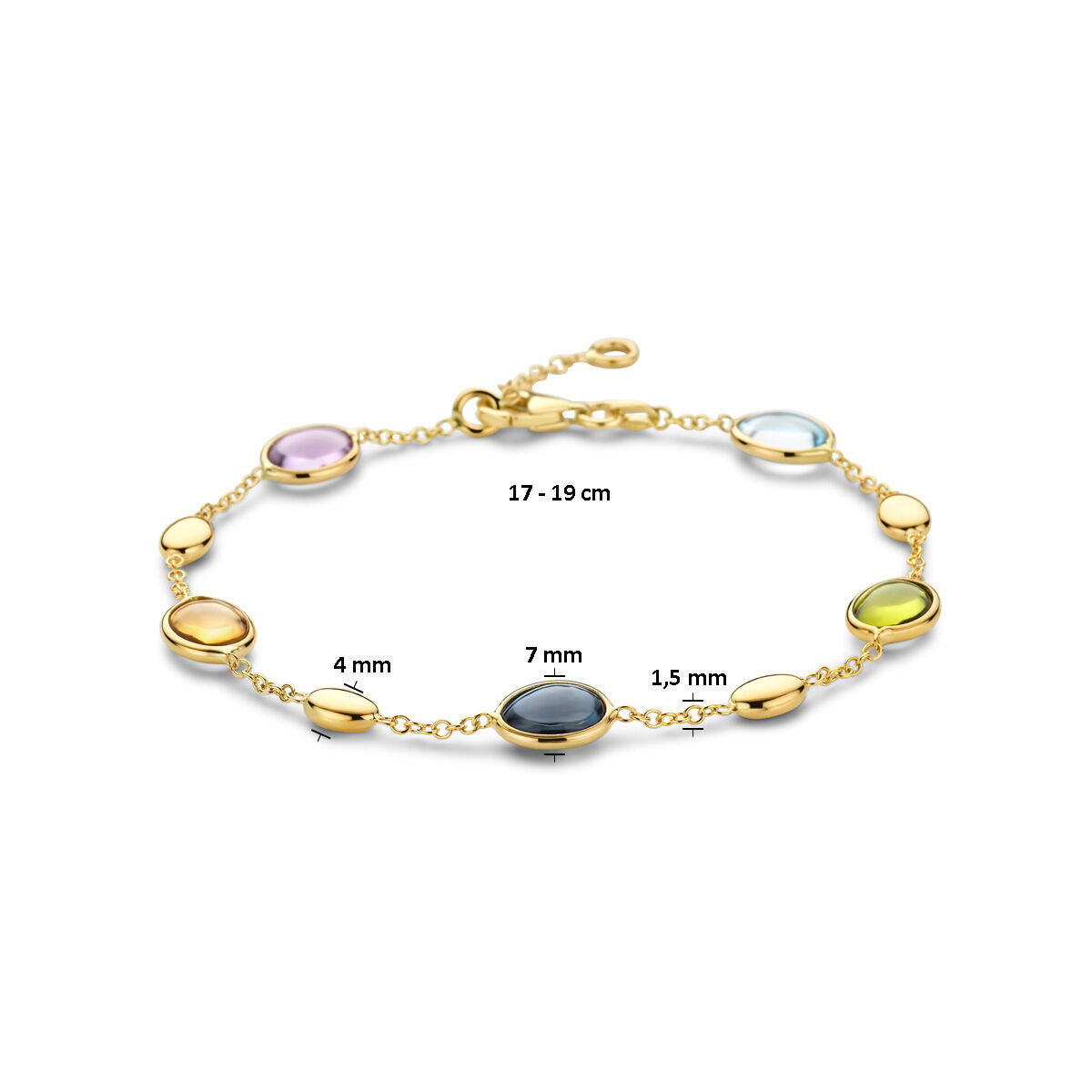 De Gouden armband dames natuurlijke kleurstenen 14K van Van der Kooij Collectie heeft zes ovale, gekleurde edelstenen aan een fijne 17-19 cm lange geelgouden ketting. Stenen en schakels zijn 4 mm, 7 mm en 1,5 mm groot.