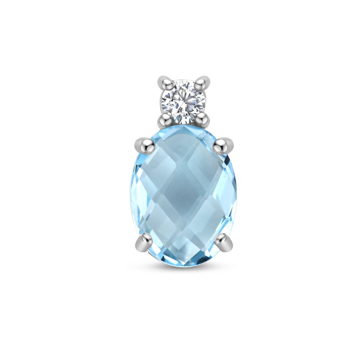 De Van der Kooij Collectie hanger blauw topaas en zirkonia is een zilver gerhodineerd sieraad met een ovaalgeslepen blauw topaas en fonkelende zirkonia, prachtig gepresenteerd tegen een witte achtergrond.