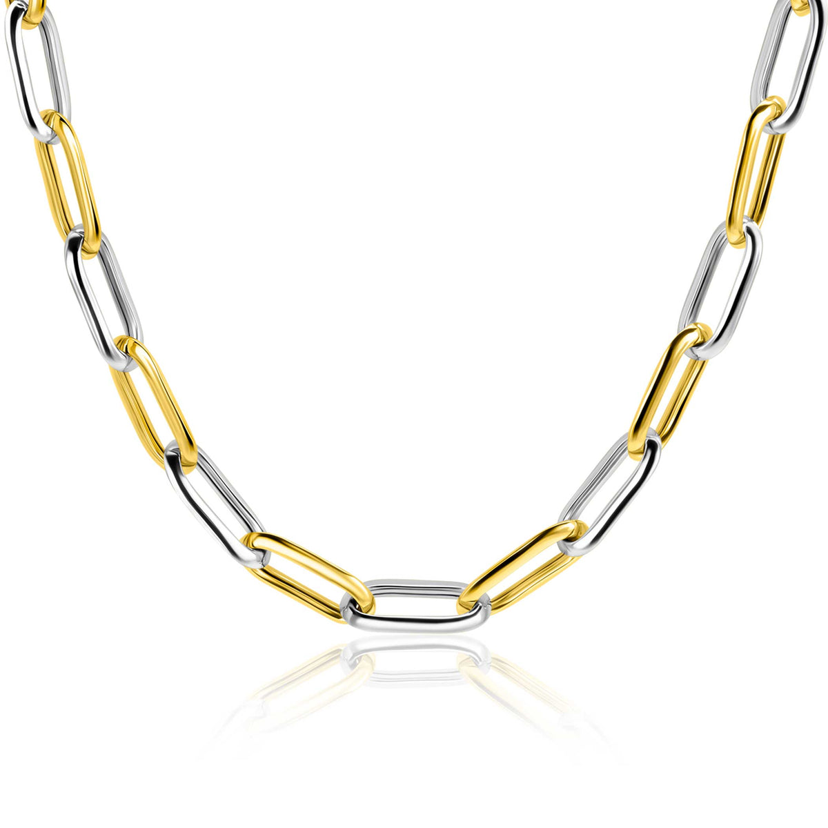Een close-up van de Zinzi ketting ZIC2668 45cm van Zinzi, een opvallende tweekleurige ketting met afwisselend gouden en zilveren langwerpige schakels, afgebeeld op een witte achtergrond met een subtiele reflectie.