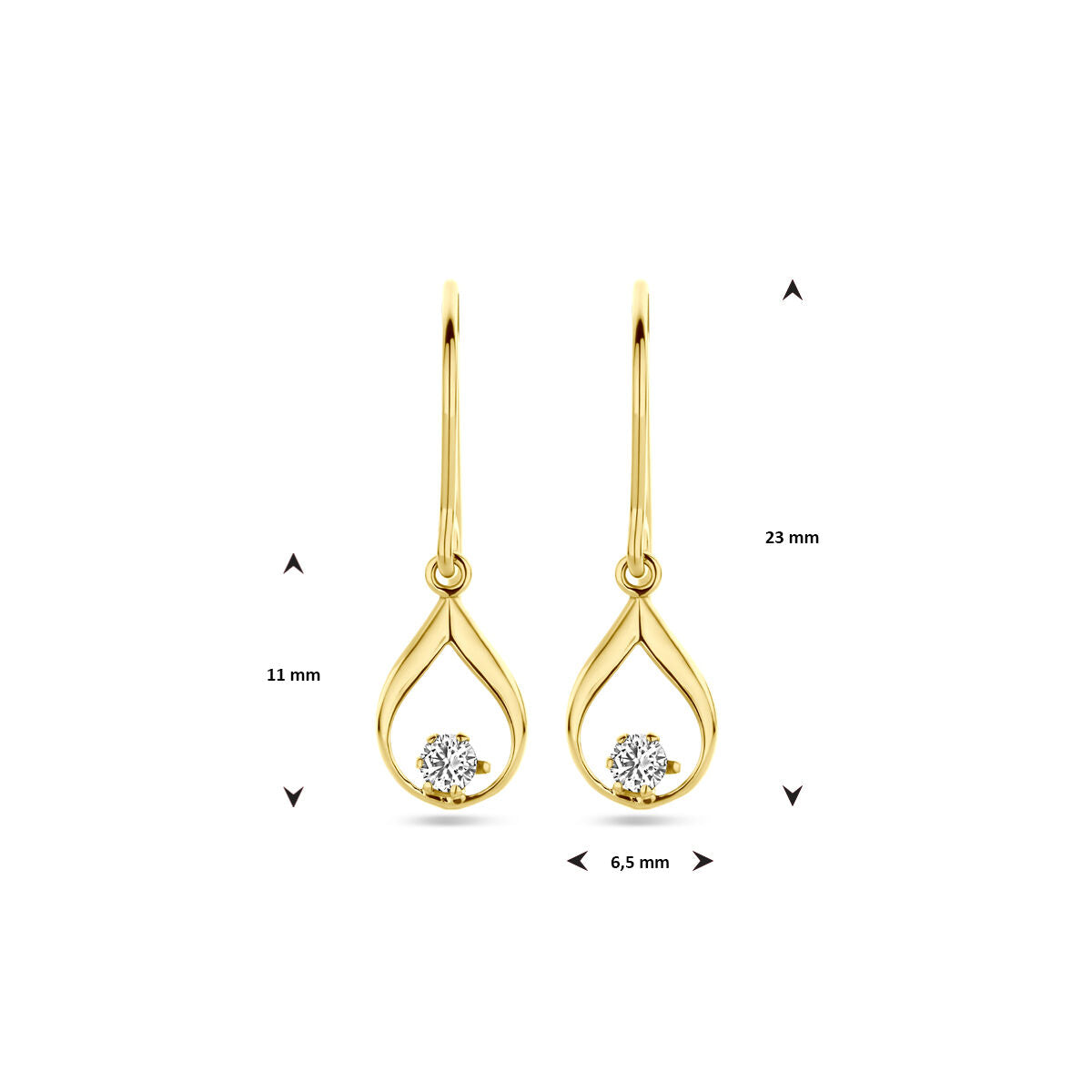 Een paar Van der Kooij Collectie oorhangers franse haak zirkonia, vervaardigd in 14K geelgoud, 23 mm lang en afgebeeld op een effen witte achtergrond.