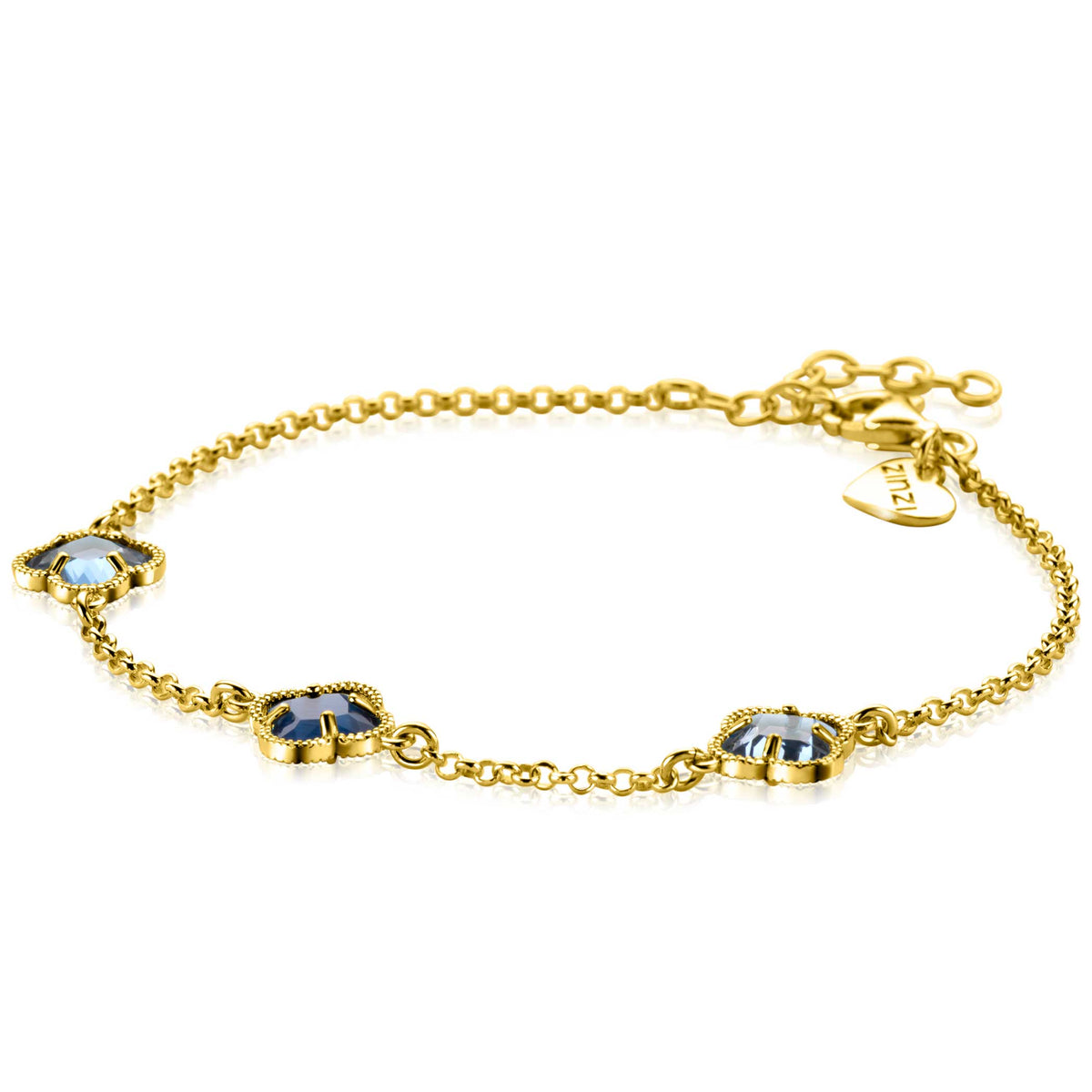 Gouden armband met drie bloemvormige schakels en blauwe stenen, verstelbaar van 17 tot 20 cm.