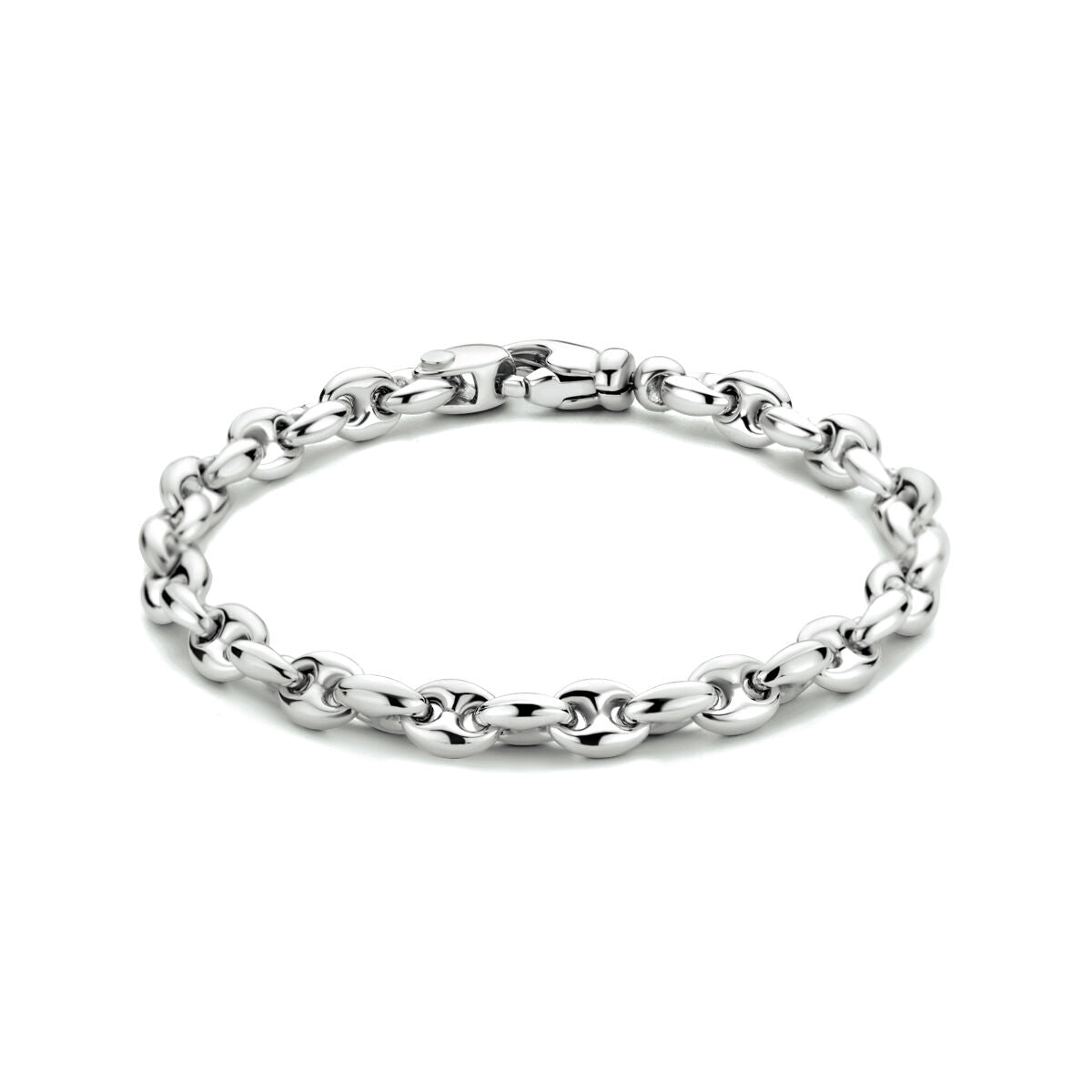 Zilveren gerhodineerde armband met koffieboon schakels van 6,2 mm, lengte 19 cm.