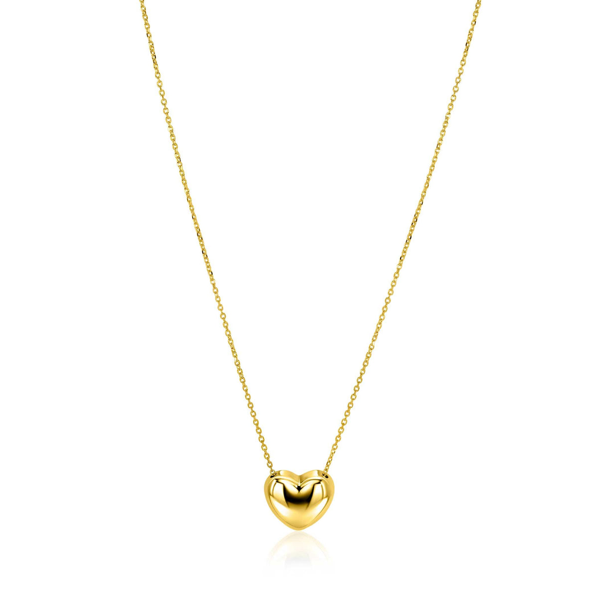 De Zinzi ketting ZIC2672G is een delicate gouden ketting van Zinzi, met een gepolijste, glanzende hartvormige hanger in het midden. Afgebeeld op een effen witte achtergrond.
