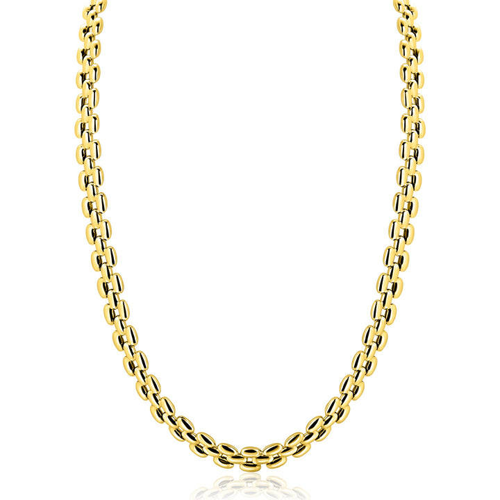 De Zinzi Ketting Gold Plated ZIC2764G ketting van Zinzi heeft in elkaar grijpende ovale schakels in een Rolex-stijl schakel-collier ontwerp, afgebeeld tegen een witte achtergrond met een subtiele reflectie eronder.