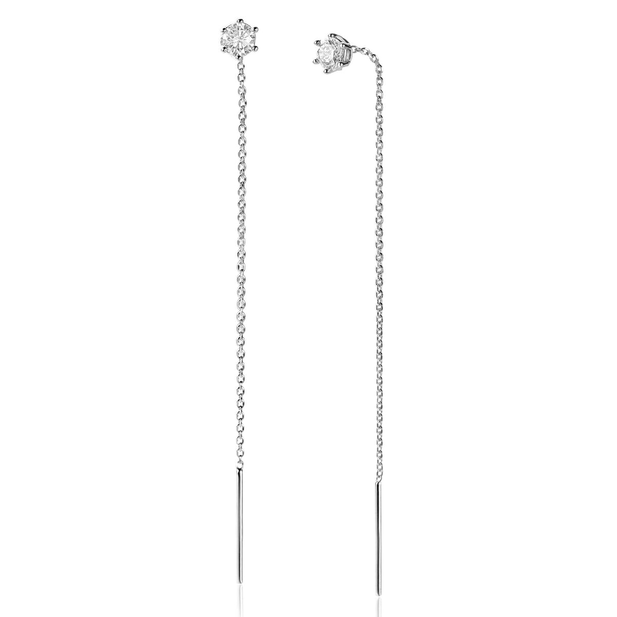 Zilveren oorbellen met een lange ketting en een strass steentje aan de bovenkant.