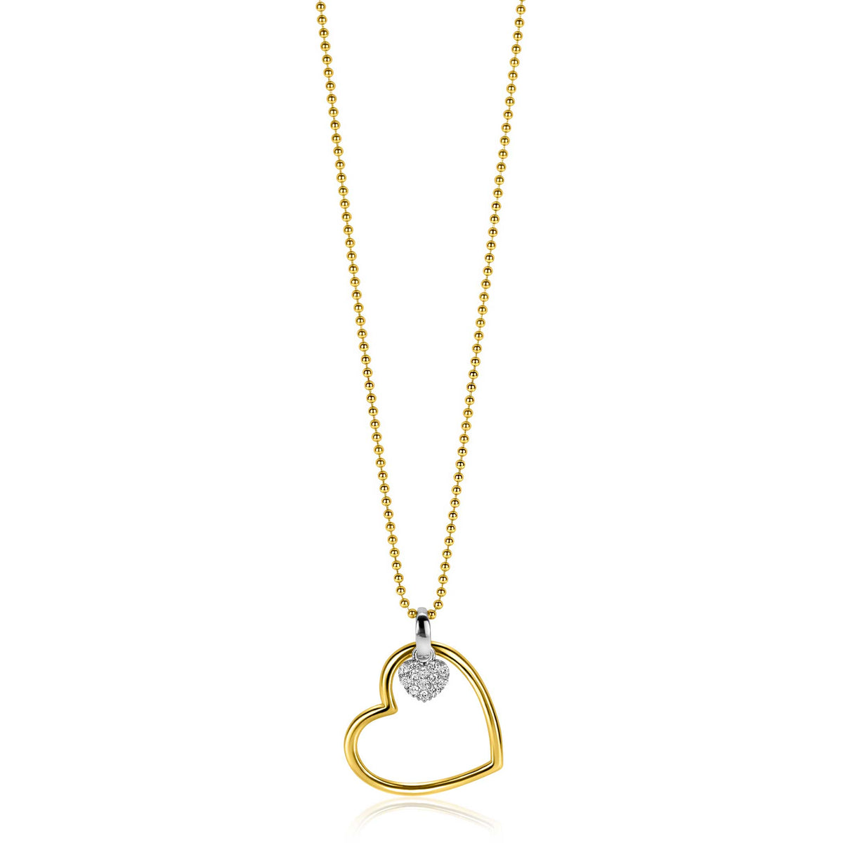 De Zinzi ketting ZIC2621 (45-48 cm) heeft een gouden kralenketting met een open harthanger en een getextureerd zilveren hart. Deze ketting combineert elegantie en contrast voor een tijdloze tweekleurige look van Zinzi.
