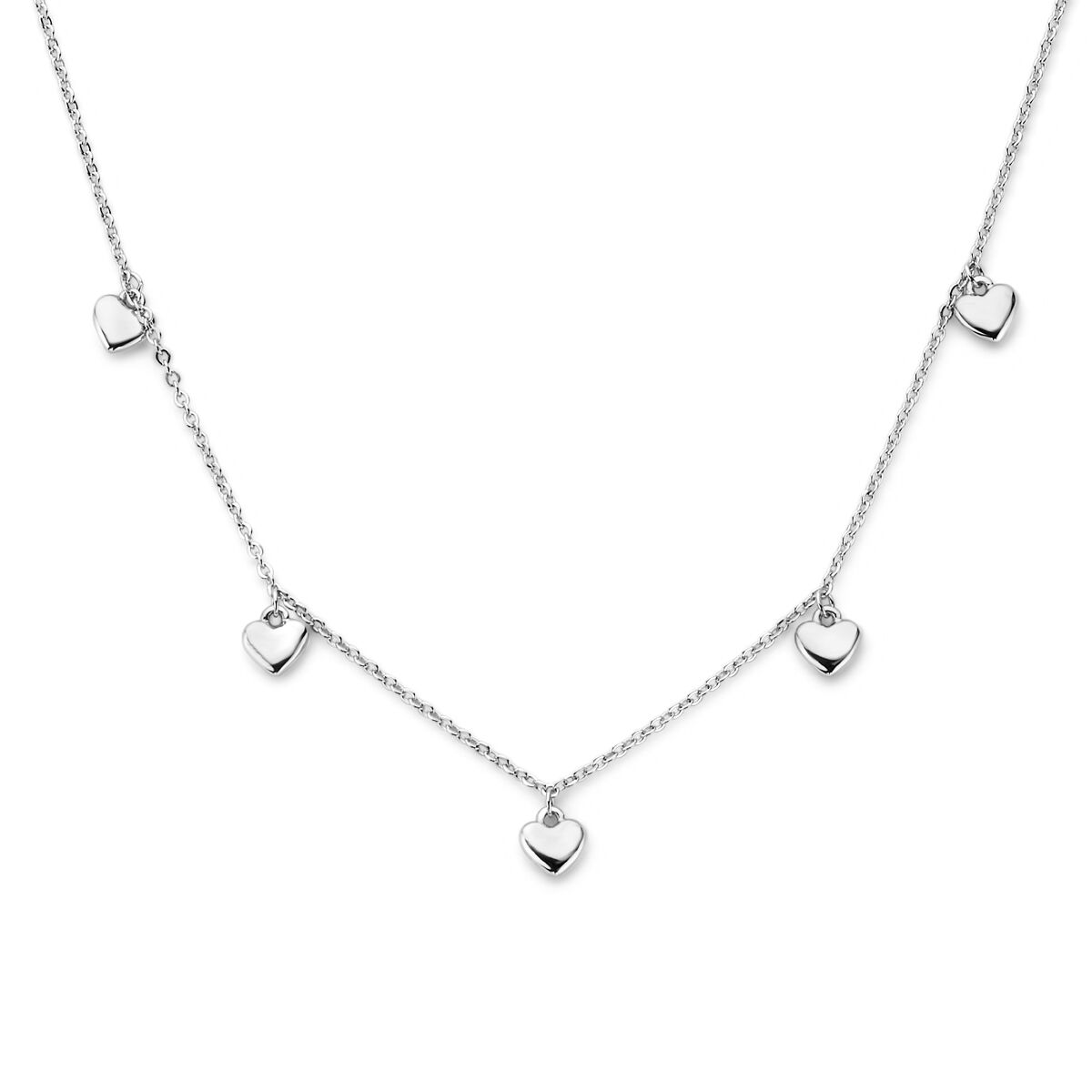Zilveren gerhodineerd collier met vijf hartjes, verstelbaar van 36 tot 40 cm.