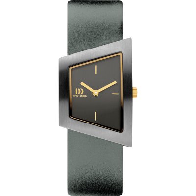 Zwart vierkant horloge met gouden wijzers en een leren groene band.