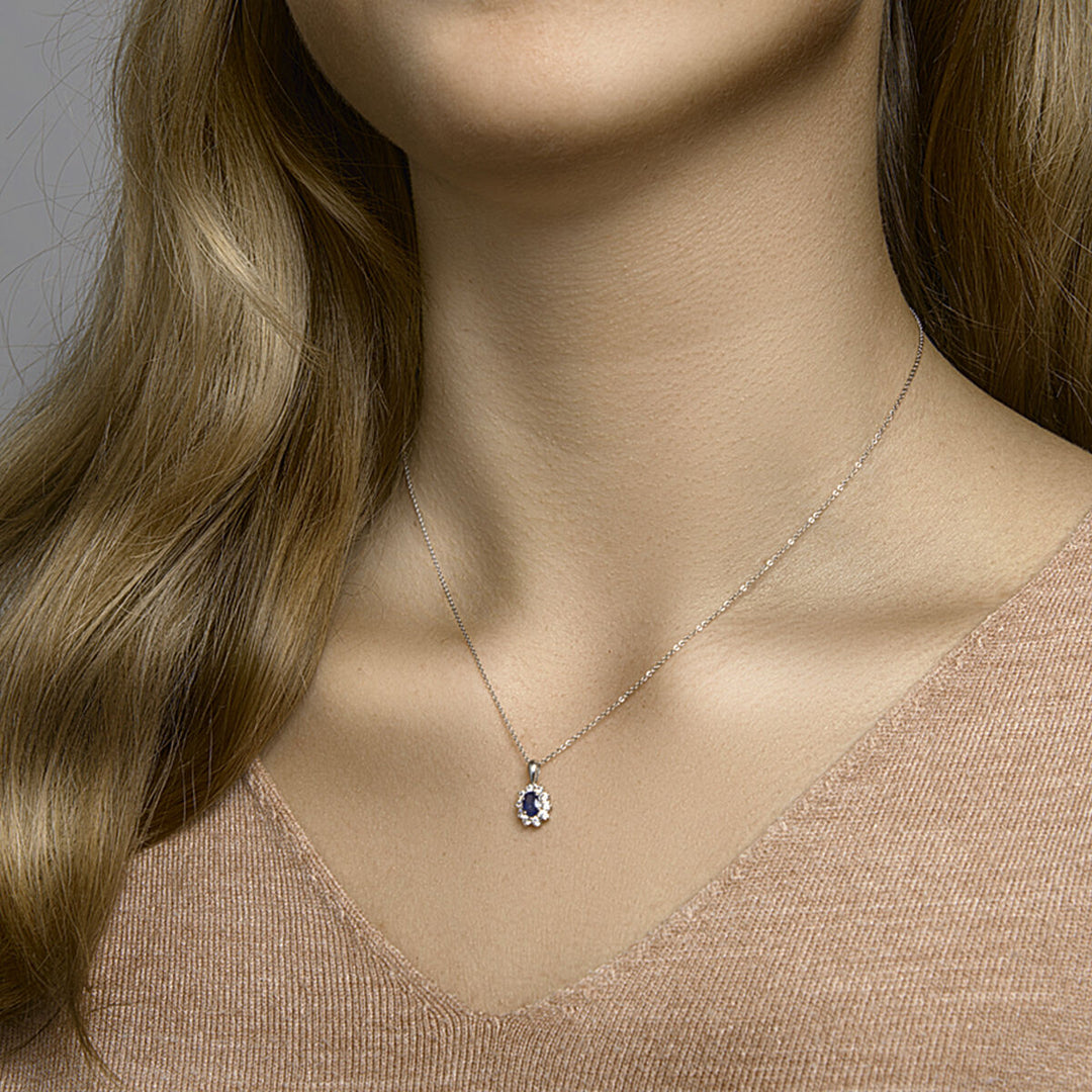 pendant sapphire and zirconia halo 14K white gold