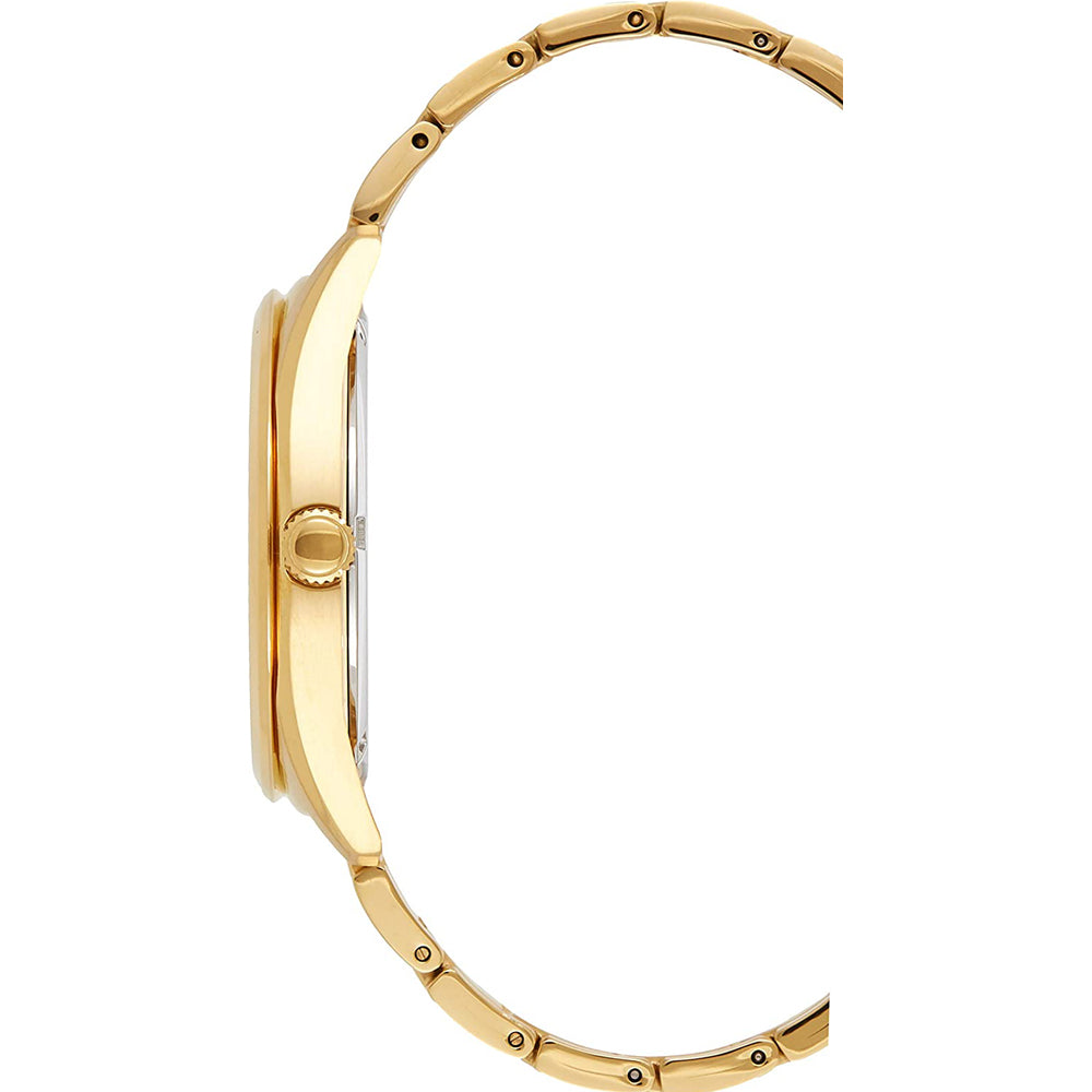 Zijaanzicht van het Seiko heren horloge SUR314P1 in goud, met de nadruk op de dunne roestvrijstalen kast en schakelband. Het horloge heeft een kroon aan de zijkant en combineert minimalistisch design met duurzaamheid, met saffierglas bescherming.
