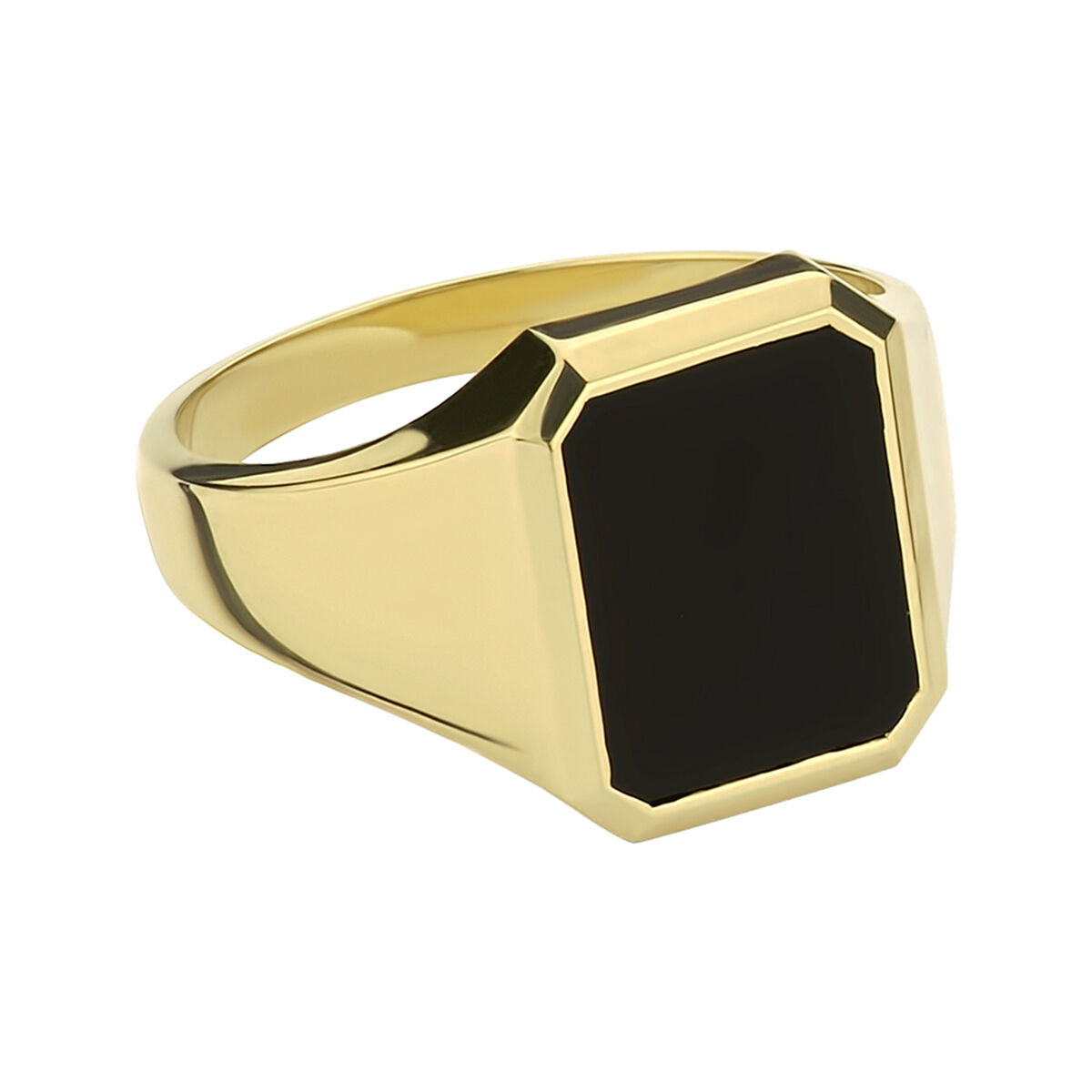 De zegelring massief onyx 14K geelgoud van Van der Kooij Collectie heeft een rechthoekige zwarte onyx wijzerplaat, strakke lijnen en een gepolijste 14K geelgouden afwerking.