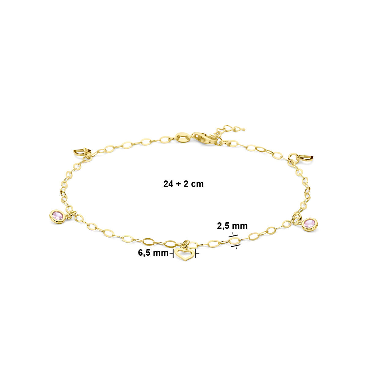 anklet heart and pink zirconia 24 + 2 cm 3 micron silver gold plated (yellow)
