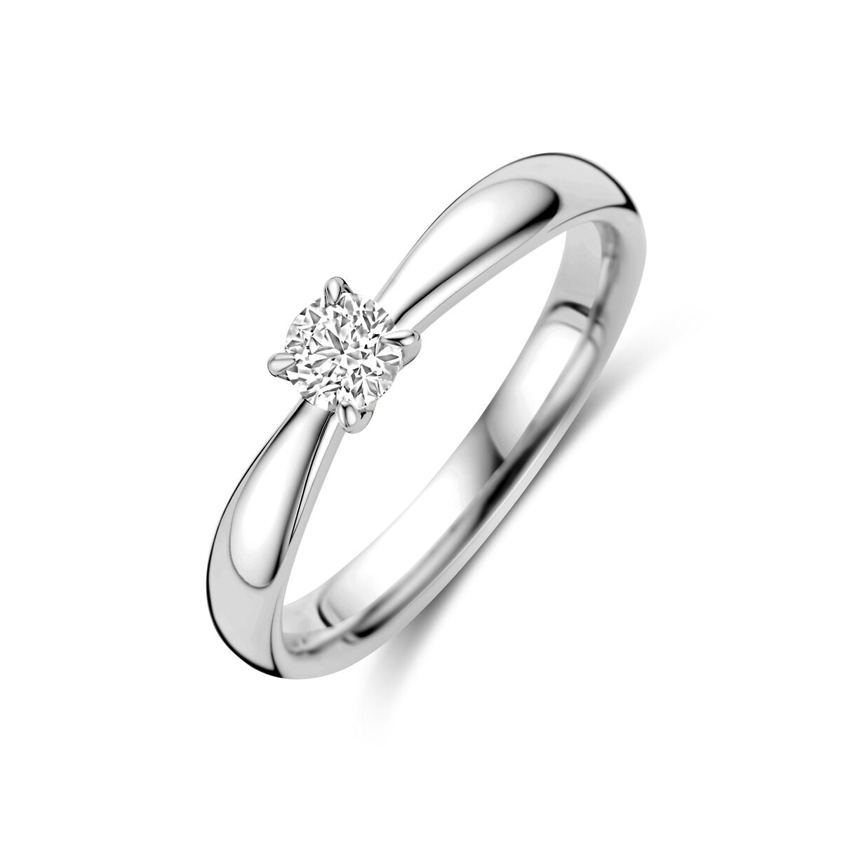 Aanzoekring van 14K witgoud met een stralende diamant van 0.25ct, in een verfijnde, golvende setting.
