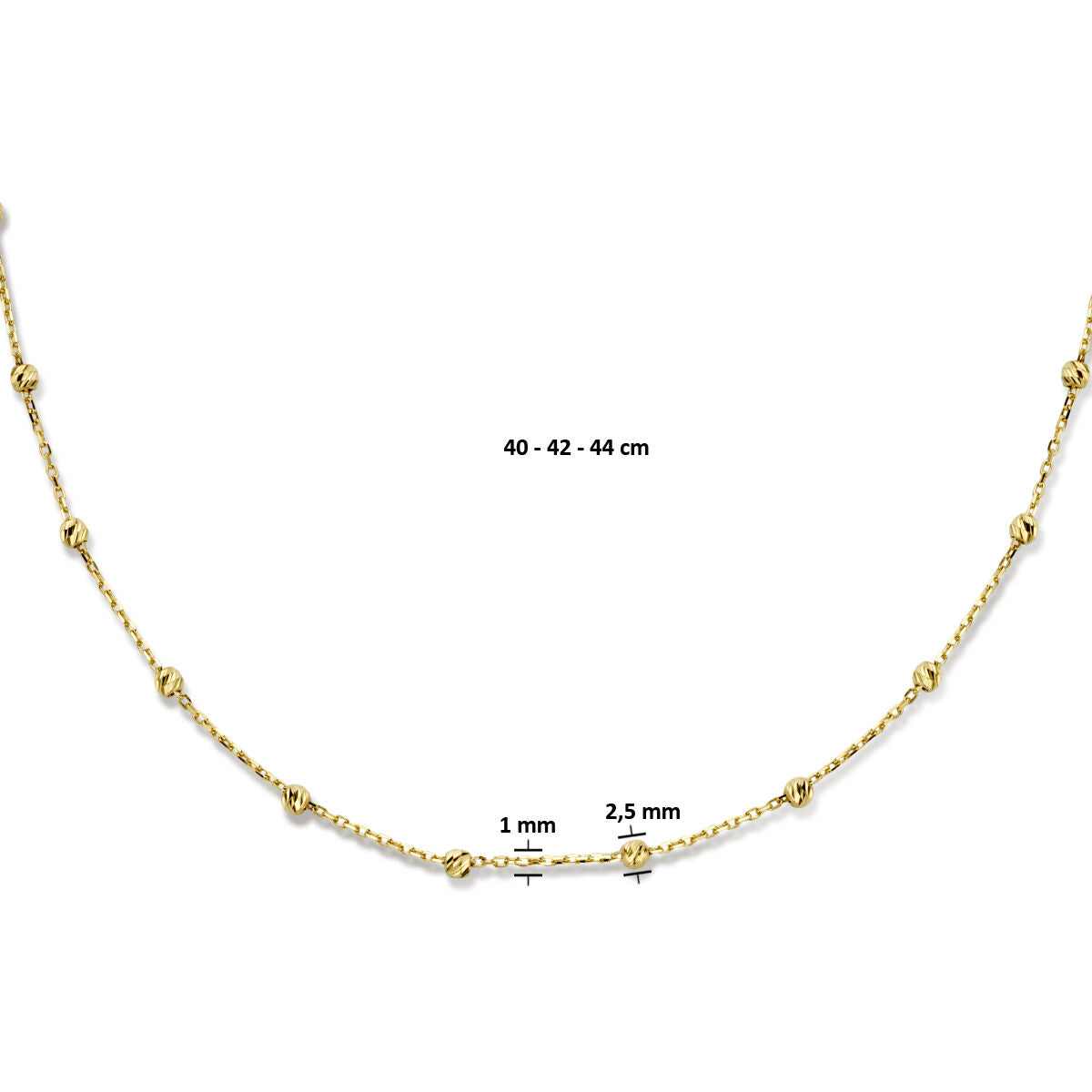 collier bolletjes gediamanteerd 2,5 mm  40 - 42 - 44 cm 14K geelgoud