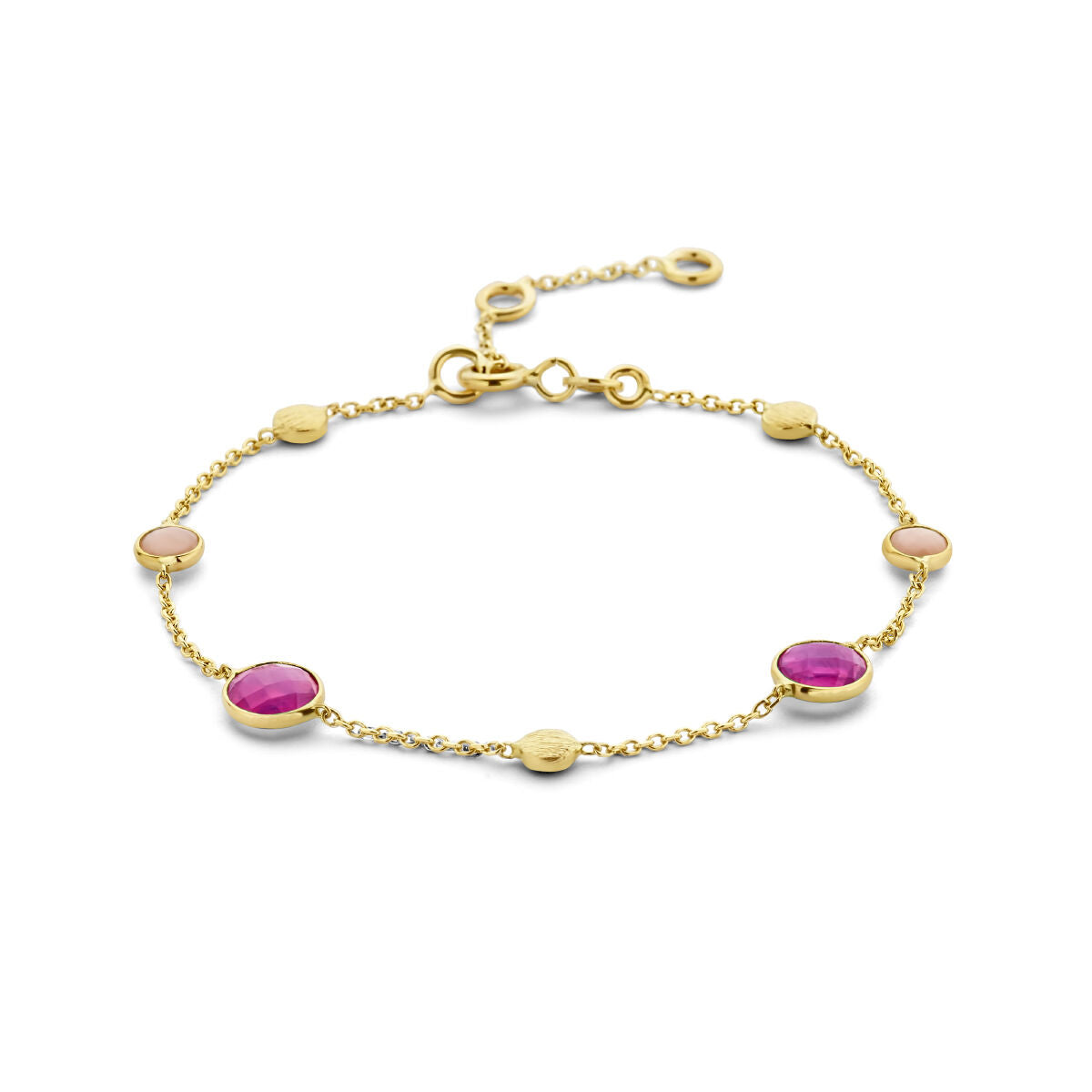 Van der Kooij Collectie gouden armband dames 14K met afwisselend robijn, roze opaal en gouden rondjes, verstelbare sluiting.