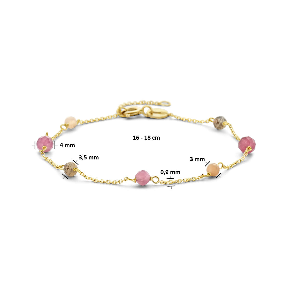 De Van der Kooij Collectie armband toermalijn 16-18 cm is een fijne 14K geelgouden dames armband met roze, beige en bruine toermalijn kralen (0,9-4 mm) en een karabijnsluiting.