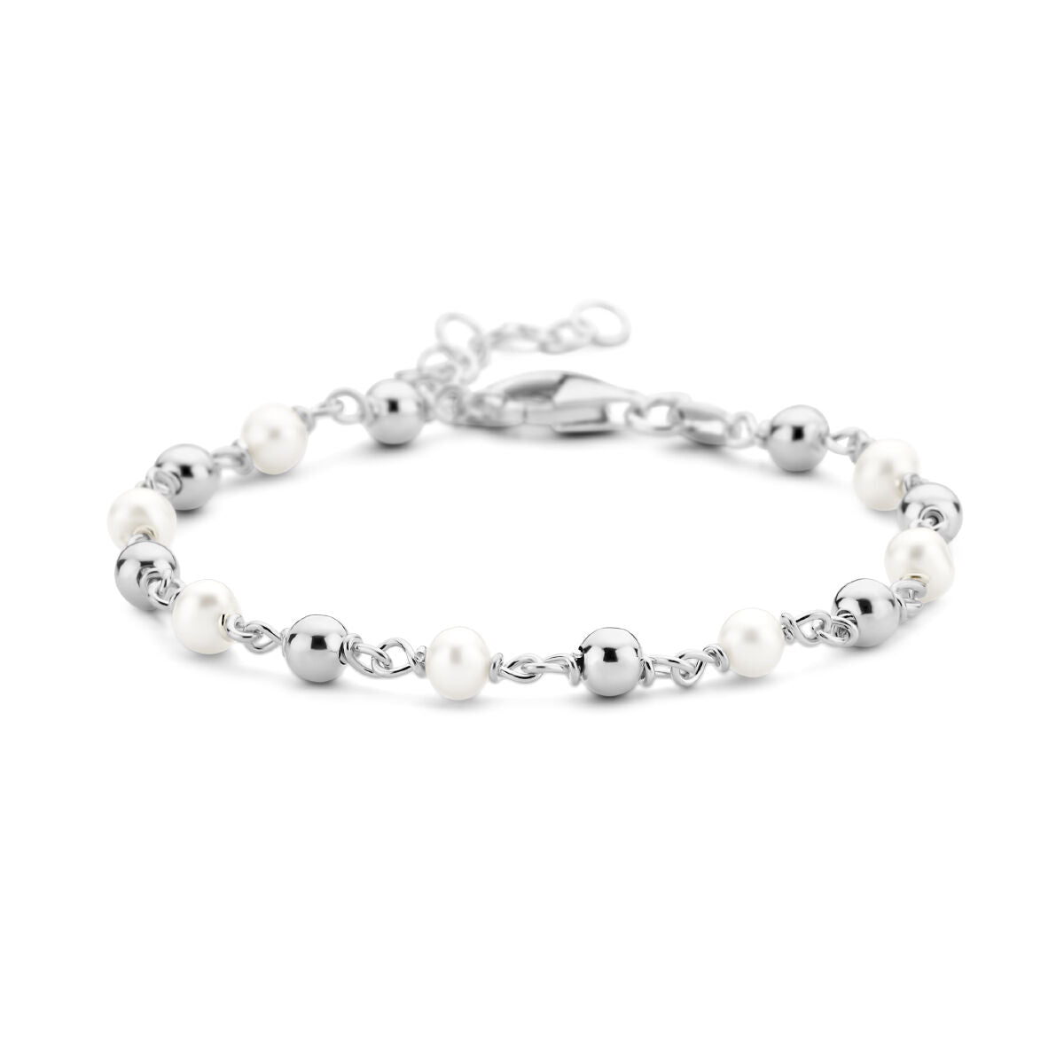 Zilveren gerhodineerde armband met parels en bolletjes, lengte 16 + 3 cm.