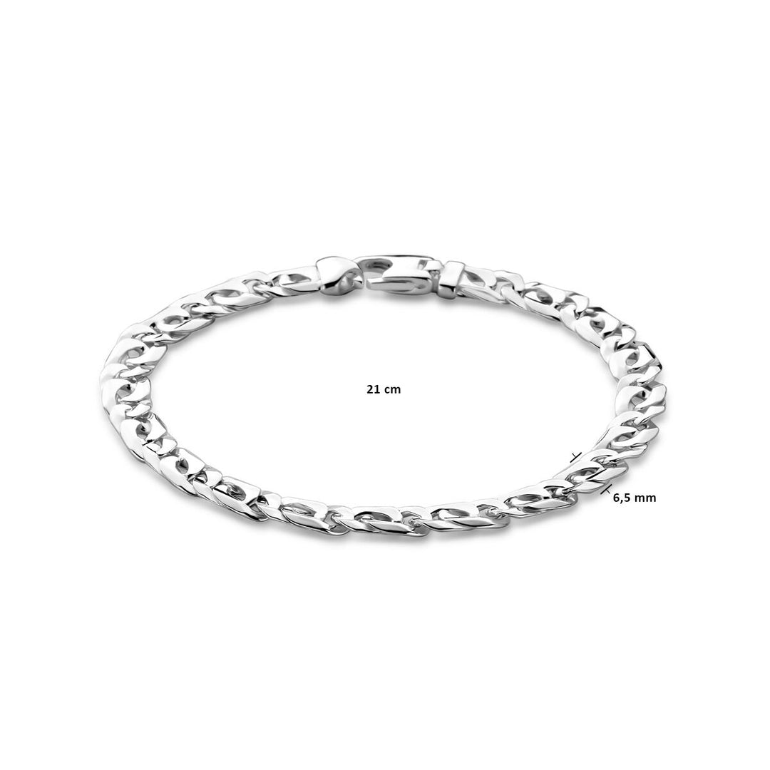 De Van der Kooij Collectie armband 6,5 mm zilver wit is een herenarmband in fantasieschakelontwerp met een veilige sluiting, van 21 cm lang en 6,5 mm breed, weergegeven op een witte achtergrond.