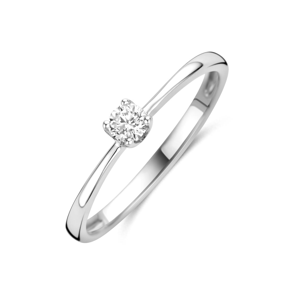 Zilveren damesring van gerhodineerd 925 zilver met een enkele zirkonia in de zetting.