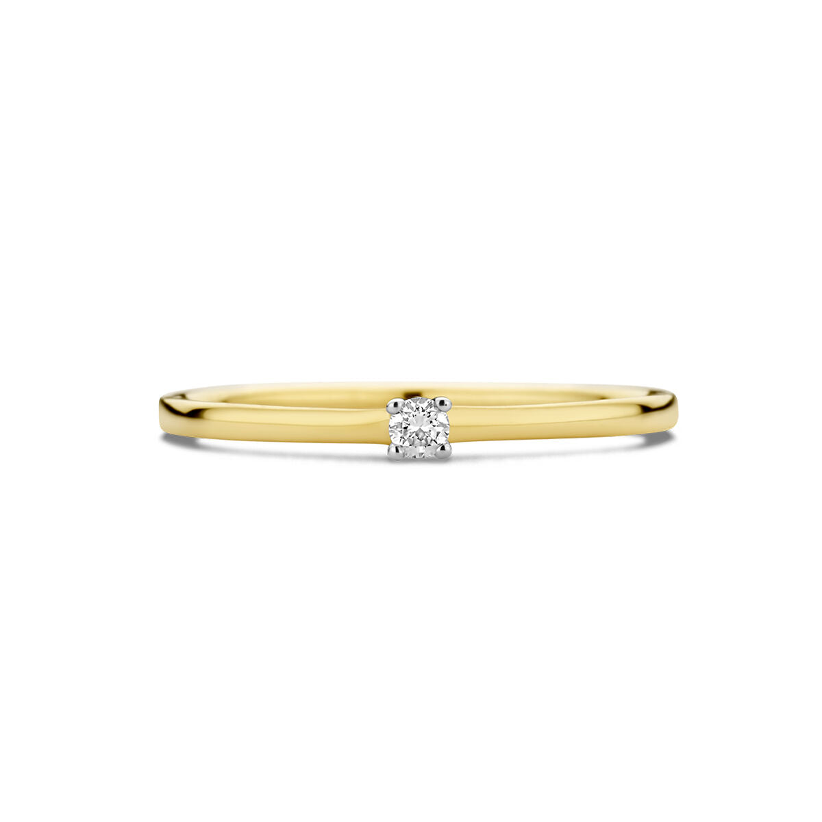 Deze elegante Van der Kooij Collectie aanzoeksring heeft een 0,05ct H SI diamanten solitaire in een eenvoudige tandzetting op een dunne 14K bicolor goud geel/wit band-een tijdloze keuze voor diamanten ring dames.