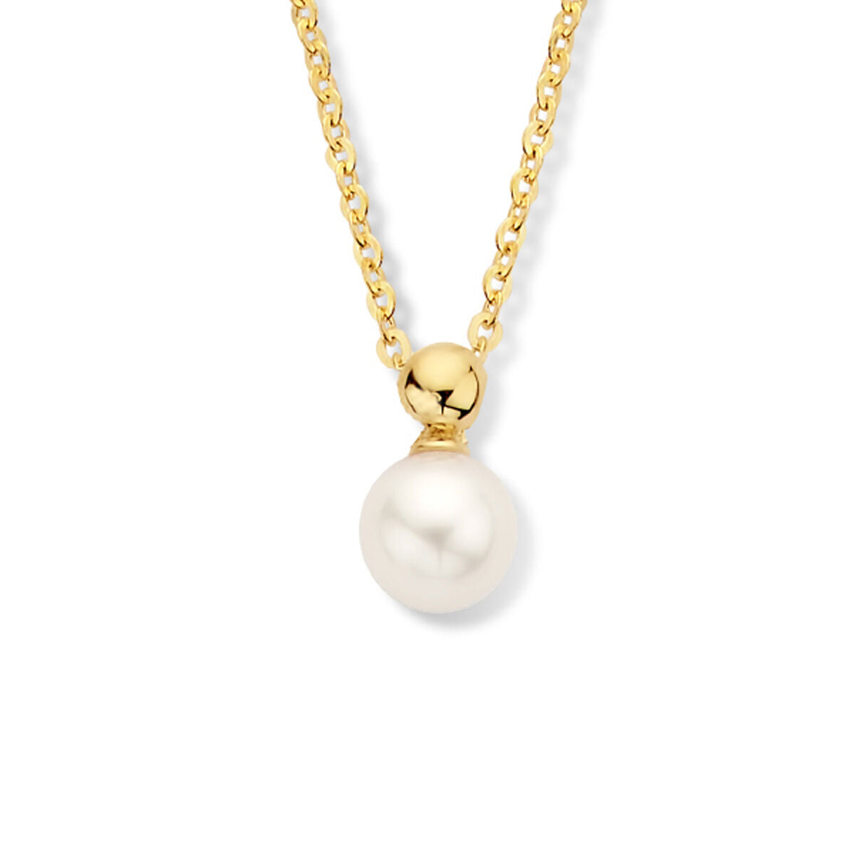 Gouden damesketting met een enkele parelhangertje, 14K, met een glanzende afwerking.