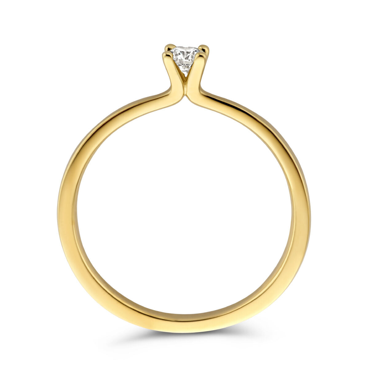 De Van der Kooij Collectie ring diamant 0,15ct h si 14K geelgoud heeft een gladde geelgouden band en een enkele ronde diamant in een solitaire zetting, rechtopstaand tegen een witte achtergrond.