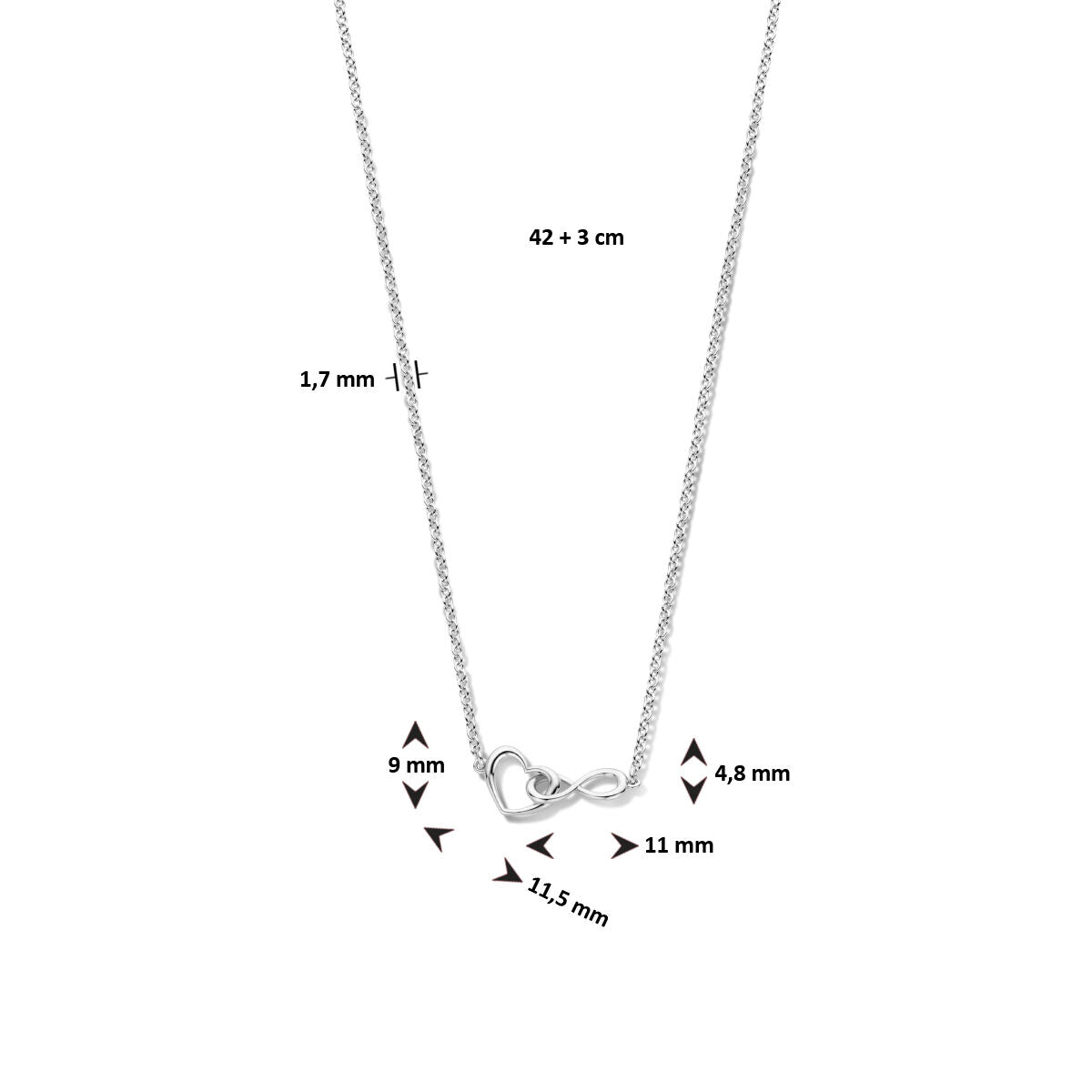 collier hart en infinity 42 + 3 cm zilver gerhodineerd