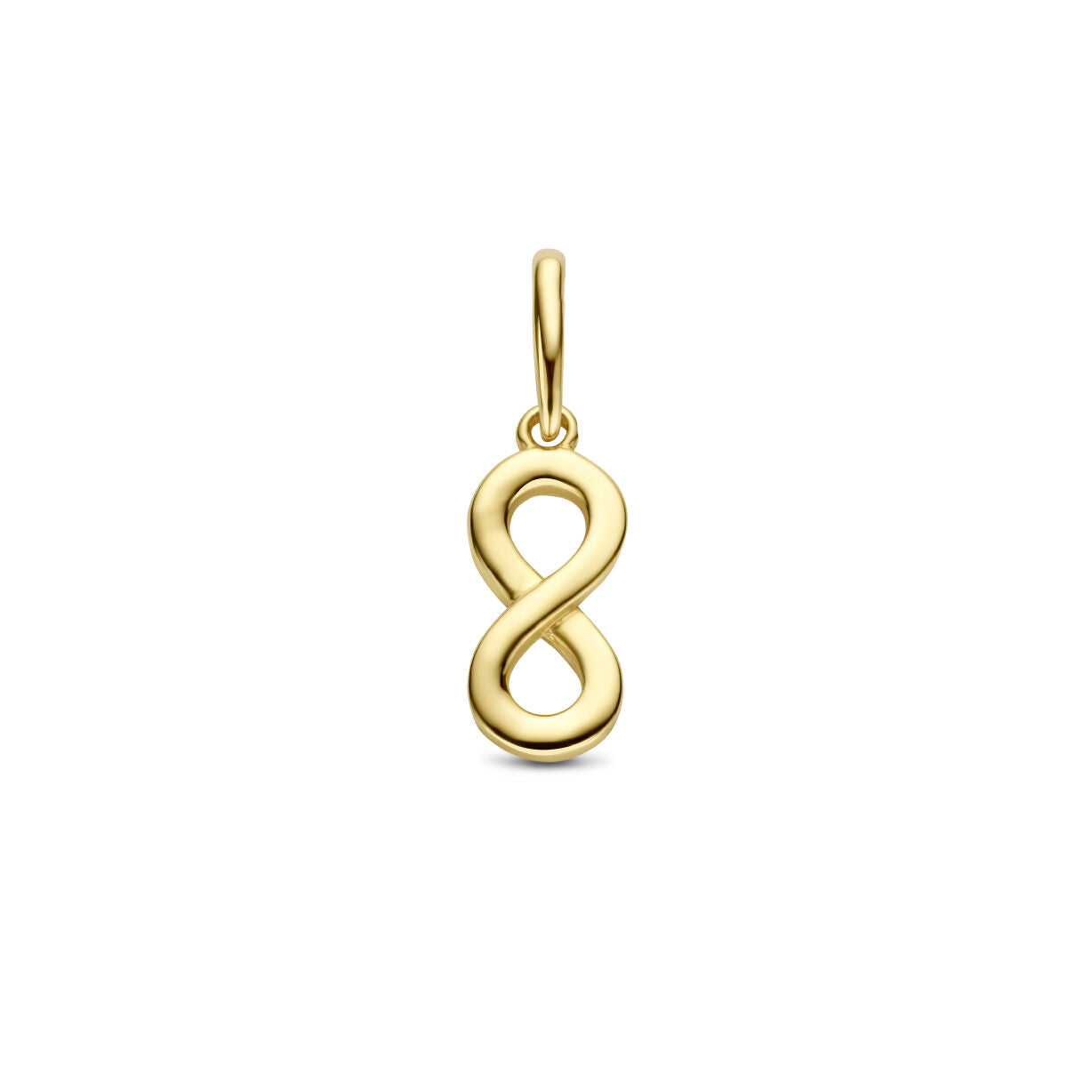 De hanger infinity 14K geelgoud uit de Van der Kooij Collectie heeft een gladde, gepolijste afwerking en vaste lus, perfect als elegant dames sieraad of vriendschap cadeau. Afgebeeld tegen een witte achtergrond.