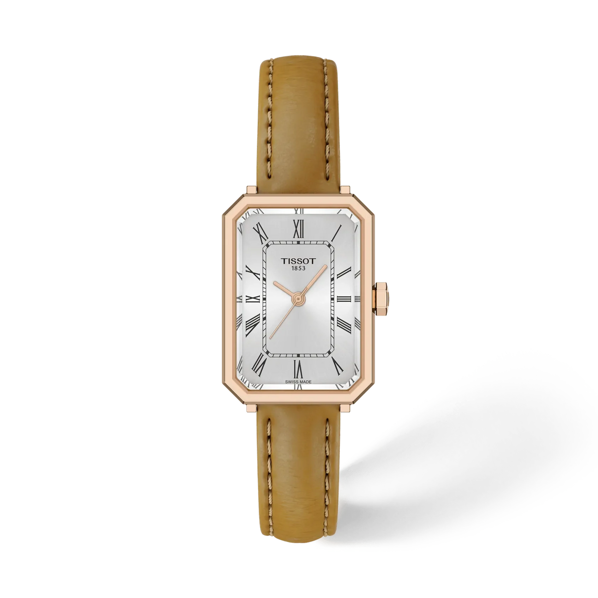 Roségouden horloge met een rechthoekige wijzerplaat, witte achtergrond en bruine leren band.
