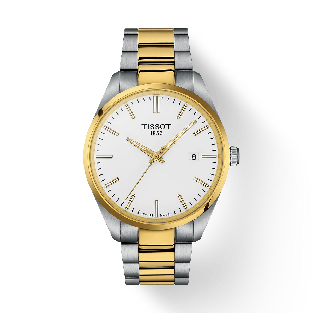 Heren horloge met een zilveren en gouden stalen band, witte wijzerplaat en gouden details.