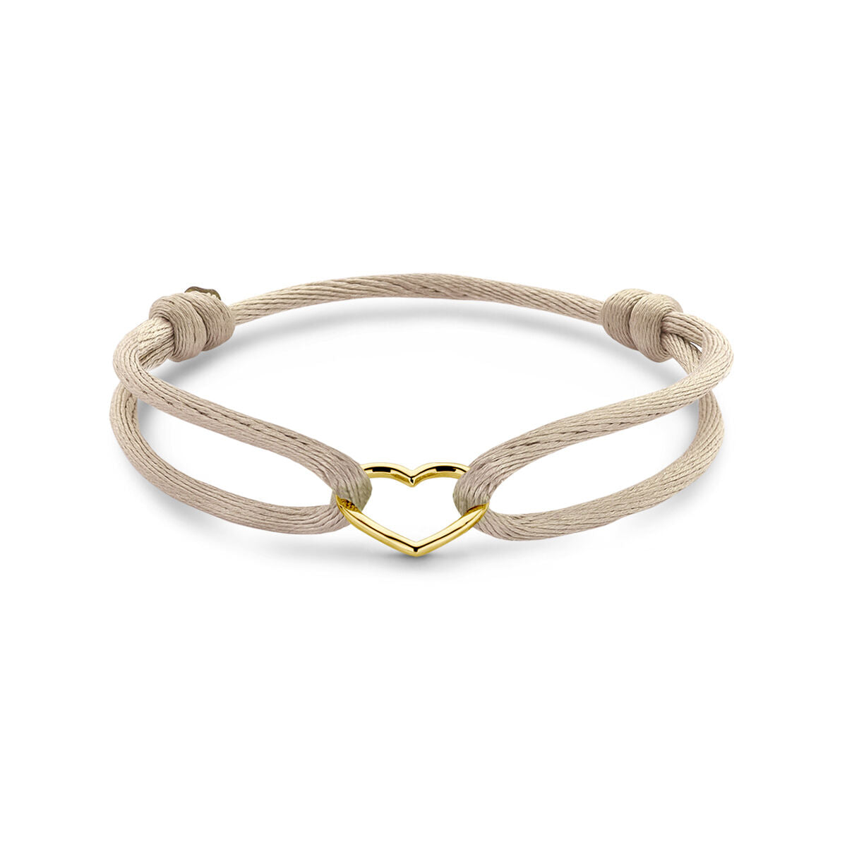 De Van der Kooij Collectie armband satijn beige hart (13-26 cm) heeft een 14K gouden hart en verstelbare knopen, gemaakt van rubber/nylon/leer - een ideaal valentijnscadeau.