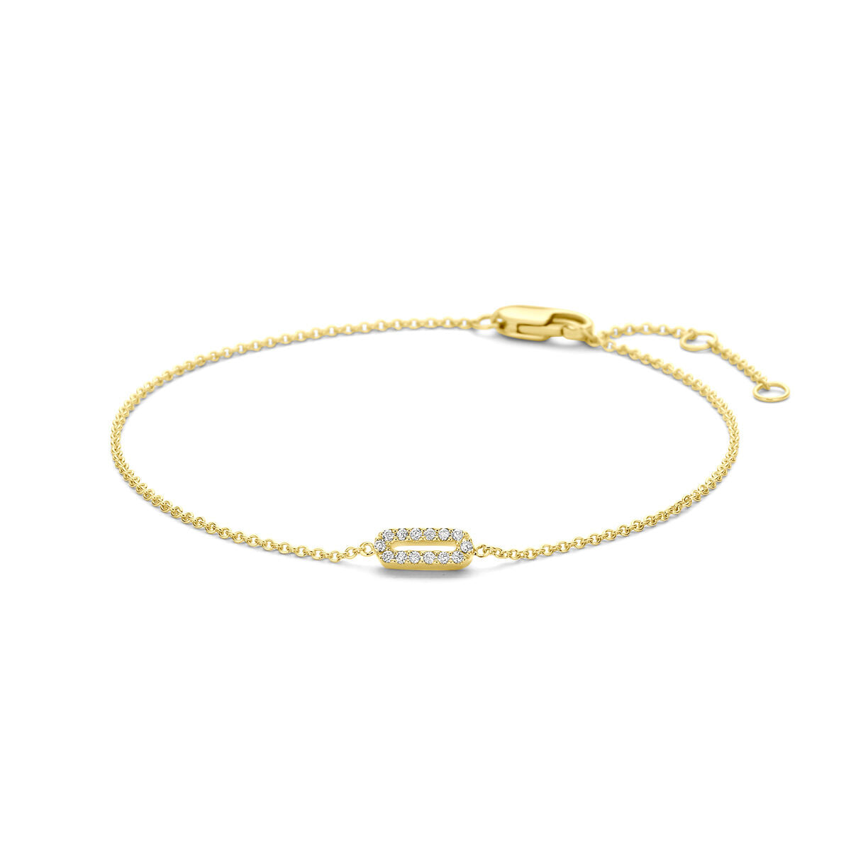 Gouden dames armband van 14k geelgoud met een rechthoekig element bezet met diamanten.
