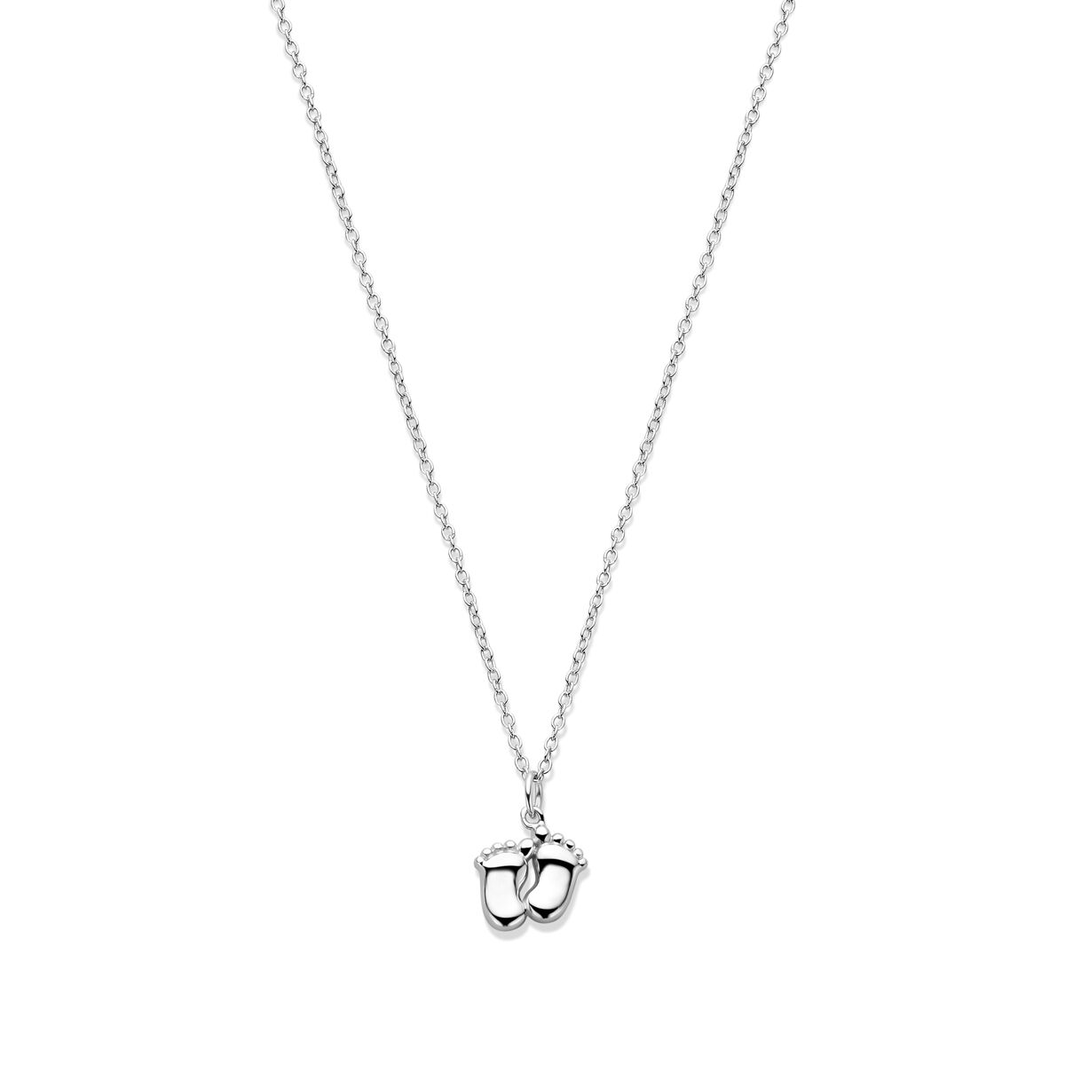 Zilveren gerhodineerd collier met baby voetjes hanger, verkrijgbaar in lengtes van 41, 43 en 45 cm.
