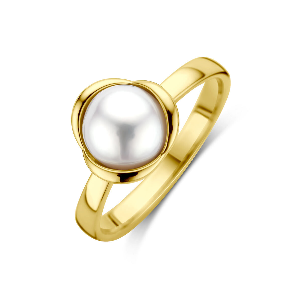 Gouden ring met een ronde parel in een bloemvormige zetting.