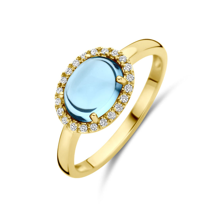 ring blauw topaas en diamant 0.09ct h si halo 14K geelgoud