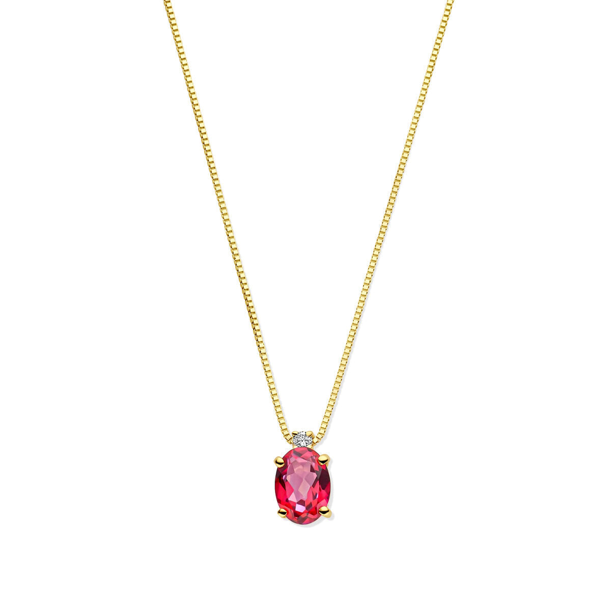 Gouden dames ketting met een roze topaas en diamant, 14K, met een delicate schakelketting.
