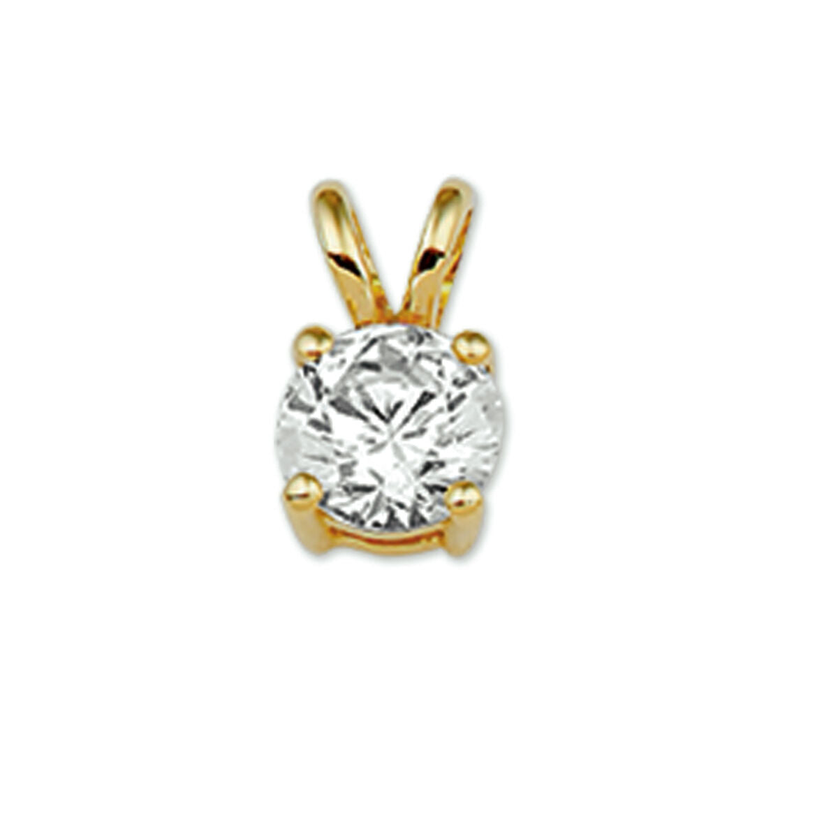 De Van der Kooij Collectie hanger zirkonia 14K geelgoud is een ronde, heldere solitaire hanger in een prong zetting met dubbele bail, ideaal voor dames en afgebeeld tegen een witte achtergrond.