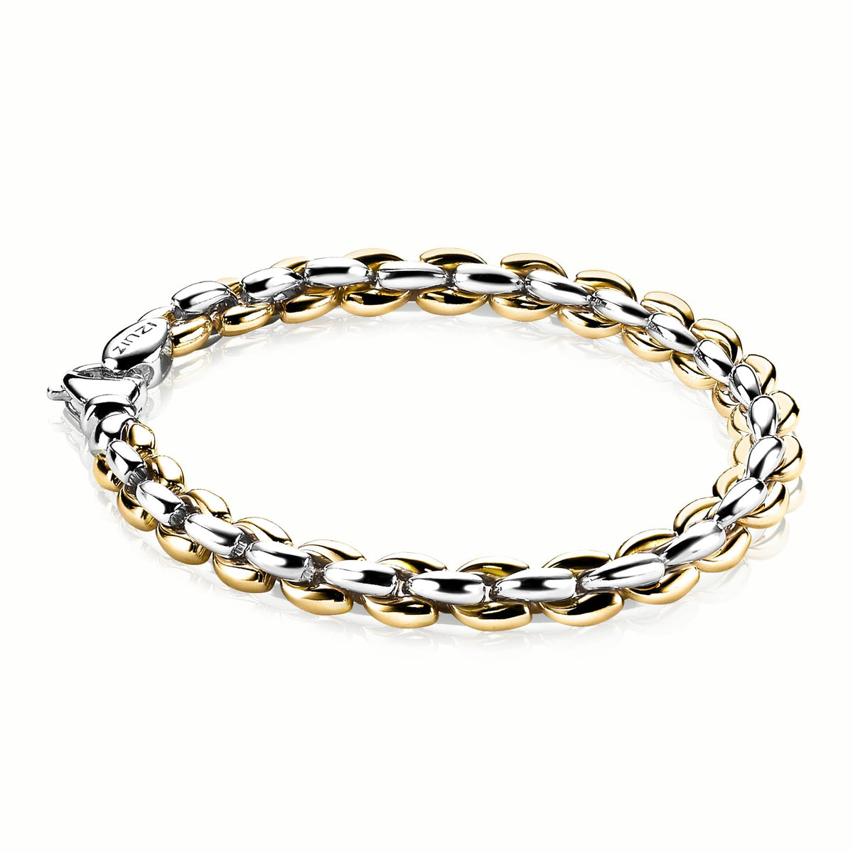 Gouden en zilveren schakelarmband met een glanzende afwerking en een stevige sluiting.