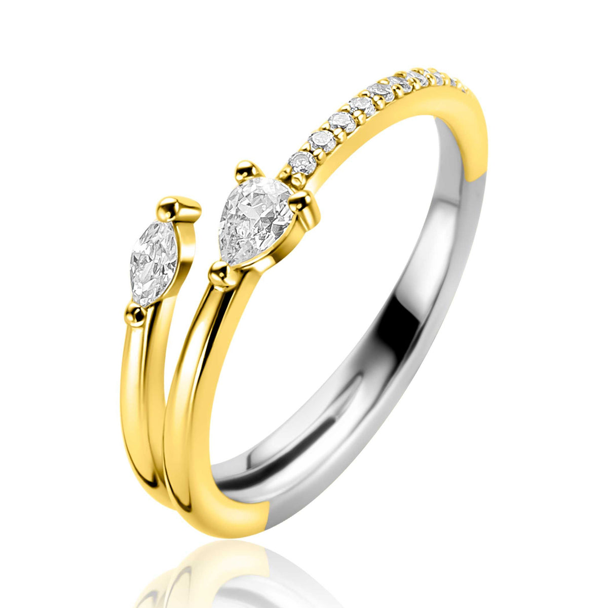 Zilveren ring met gouden afwerking, twee ovale steentjes en een rij kleine steentjes aan de bovenkant.