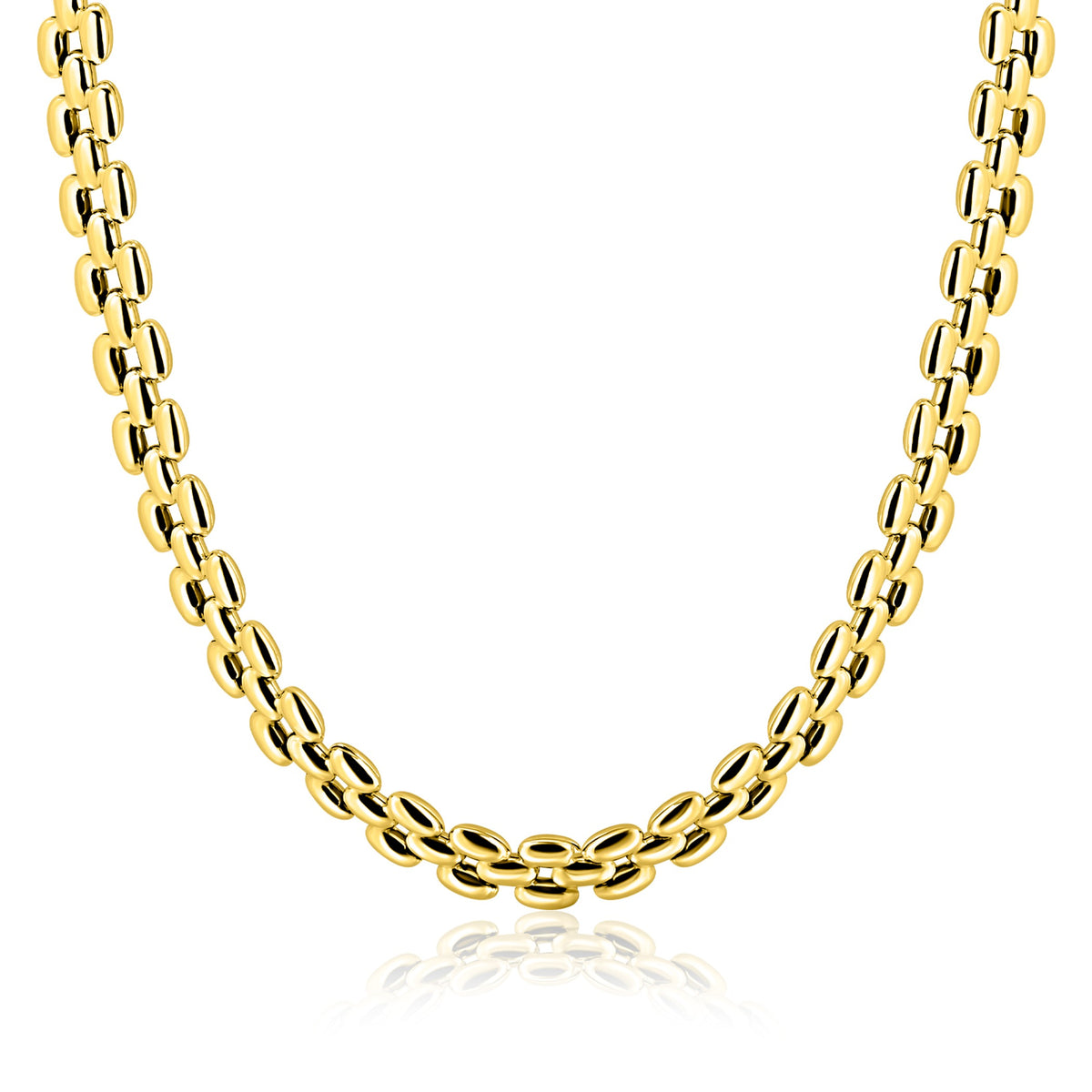 Een close-up van de Zinzi Ketting Gold Plated ZIC2764G van Zinzi, met vergulde ovale schakels in een symmetrisch patroon, wordt getoond tegen een witte achtergrond met de focus op het onderste deel van de ketting.