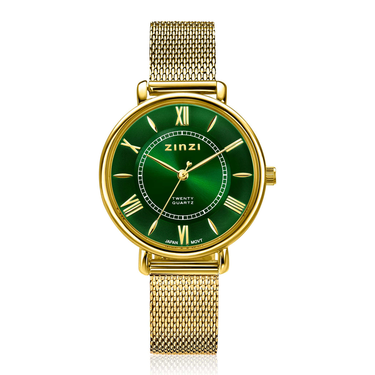 Geelgoudkleurig horloge met groene wijzerplaat en mesh-band.