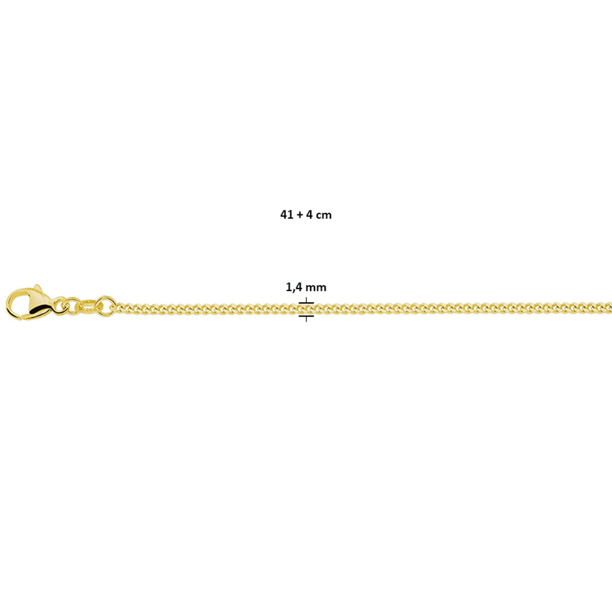 necklace gourmette 4-sided cut 1.4 mm 41 + 4 cm 3 micron silver gold plated (yellow)