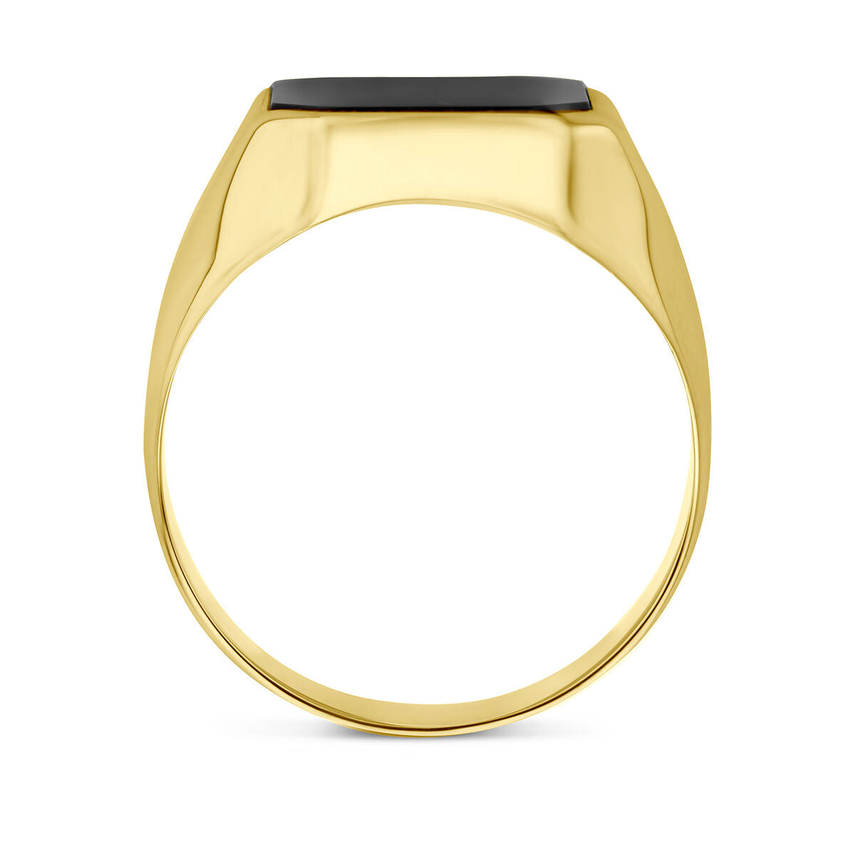 De Van der Kooij Collectie zegelring onyx 14K geelgoud heeft een platte, rechthoekige zwarte onyx, gezet op gepolijst geelgoud en is van de zijkant afgebeeld tegen een witte achtergrond.