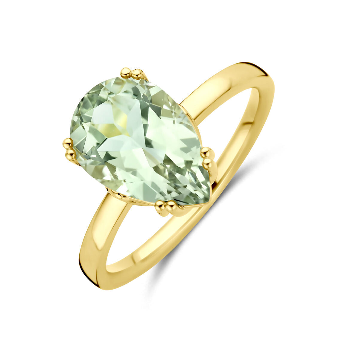 Ring met een peervormige groene amethist, gezet in 14K geelgoud.