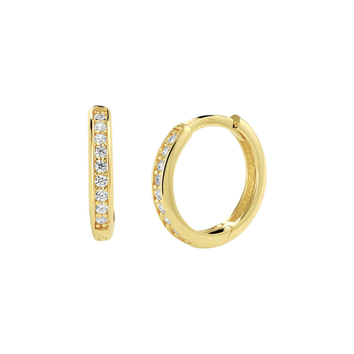 Van der Kooij Collectie klapoorringen zirkonia: een paar 14k geelgouden damesoorringen met een rij helder fonkelende zirkonia's aan de voorkant, getoond van voren en opzij tegen een witte achtergrond.